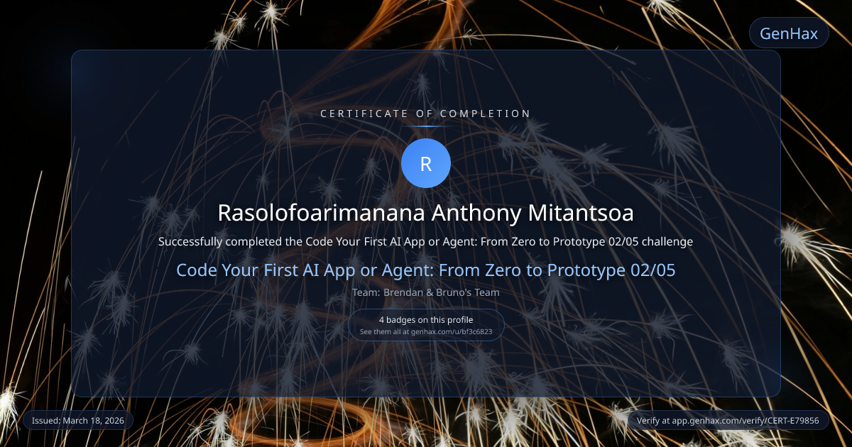 Code Your First AI App or Agent: From Zero to Prototype 02/05 certificate