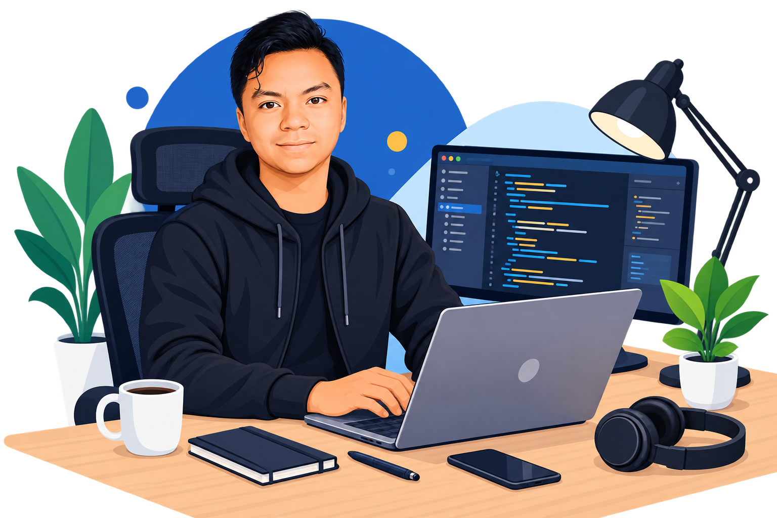 Illustration of Anthony coding at his desk